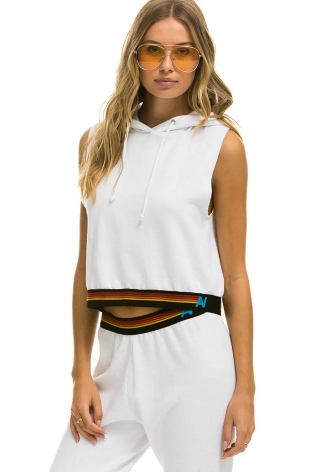 Hoodies | Aviator Nation LOGO STRIPE SLEEVELESS CROP PULLOVER HOODIE - WHITE