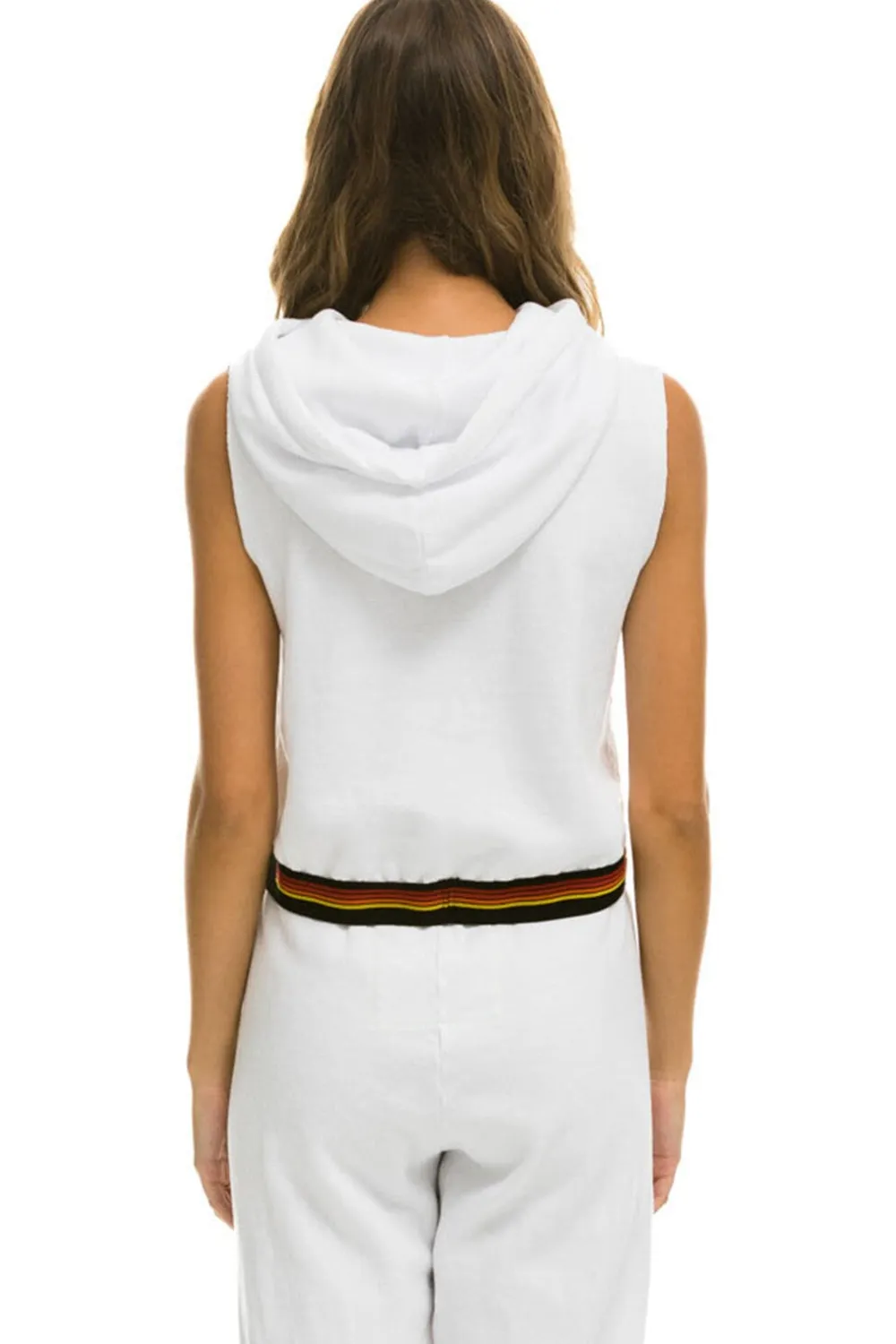 Hoodies | Aviator Nation LOGO STRIPE SLEEVELESS CROP PULLOVER HOODIE - WHITE