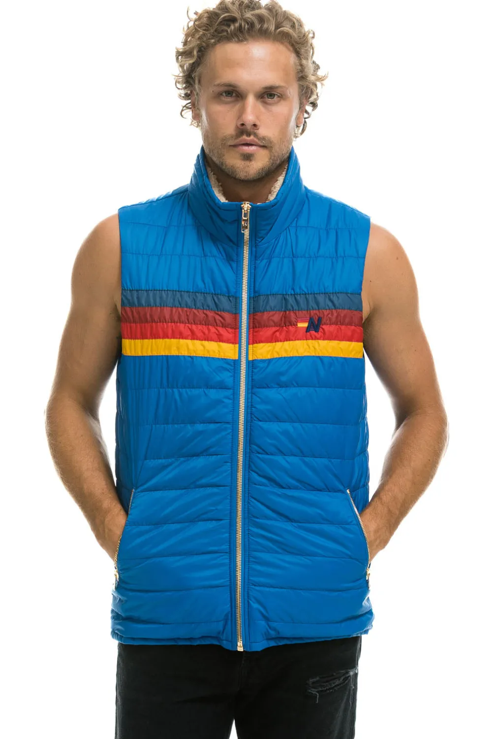 Vests | Aviator Nation MEN'S 4 STRIPE VEST SHERPA- SNORKEL BLUE SNORKELBLUEVestAviatorNation