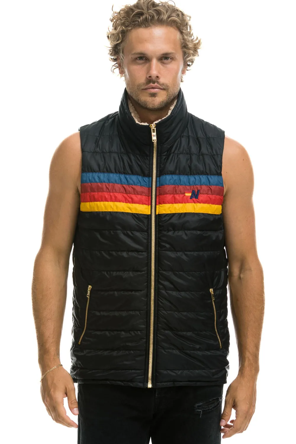 Vests | Aviator Nation MEN'S 4 STRIPE VEST SHERPA - BLACK