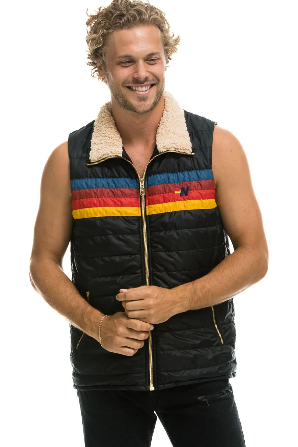 Vests | Aviator Nation MEN'S 4 STRIPE VEST SHERPA - BLACK