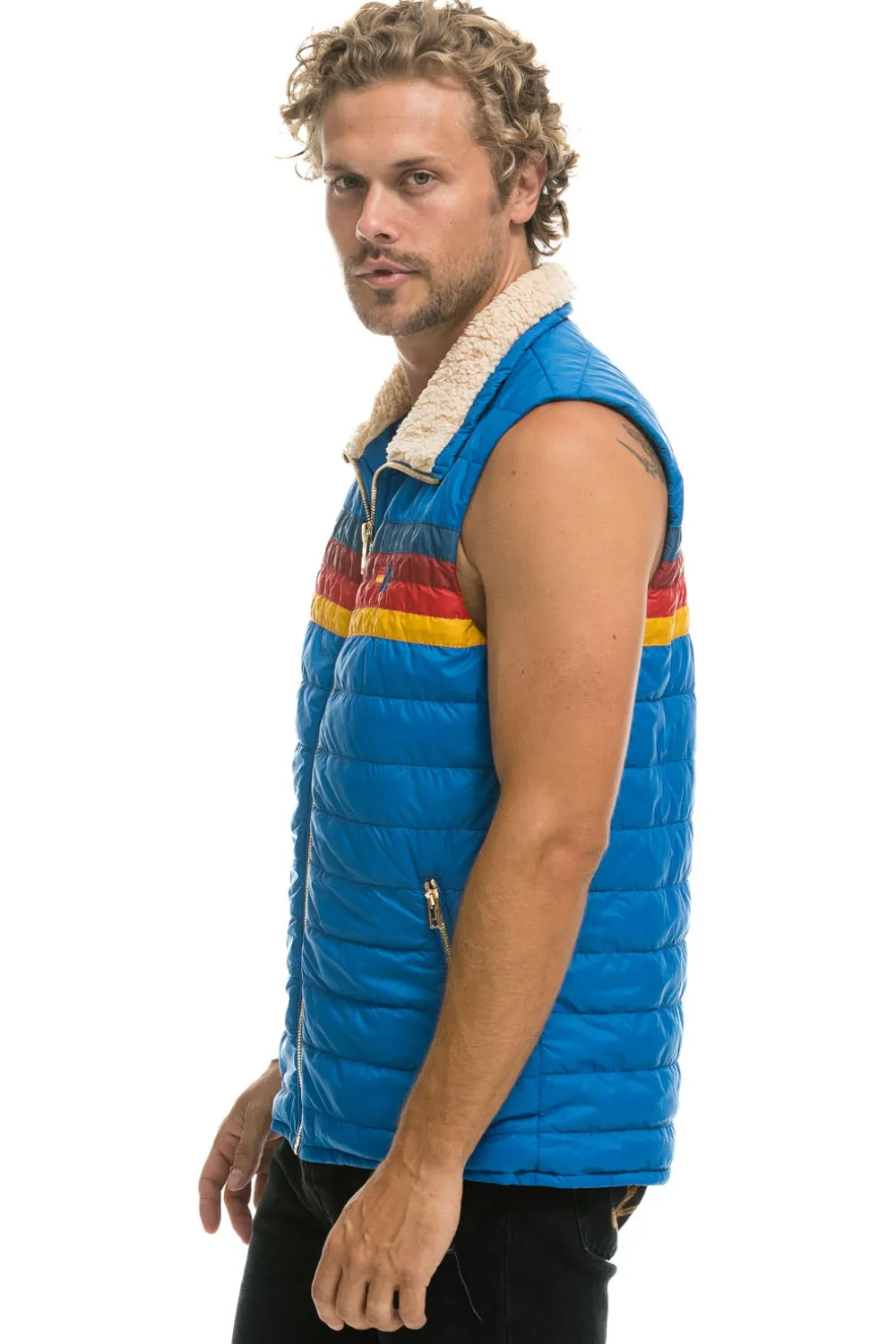 Vests | Aviator Nation MEN'S 4 STRIPE VEST SHERPA- SNORKEL BLUE SNORKELBLUEVestAviatorNation