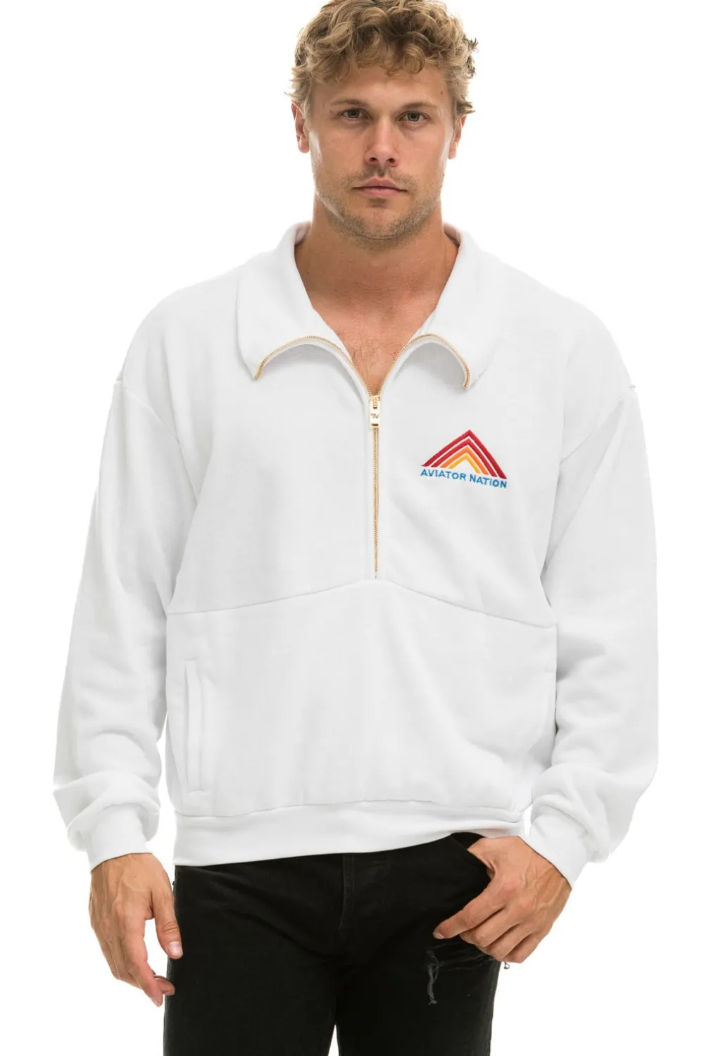 Sweatshirts | Sweatshirts | Aviator Nation MOUNTAIN EMBROIDERY HALF ZIP SWEATSHIRT - WHITE