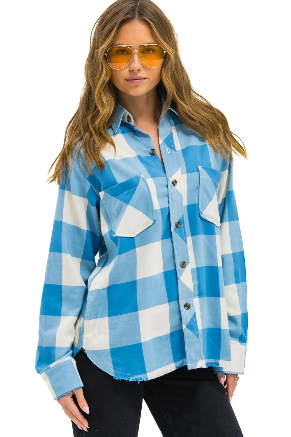Tees | Aviator Nation PLAID FLANNEL LIGHT WEIGHT UNISEX WESTERN SHIRT - SKY PLAID SKYPLAID