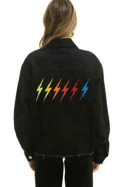 Denim | Denim | Aviator Nation RAINBOW BOLT OVERSIZED CROP DENIM JACKET - VINTAGE BLACK VINTAGEBLACK