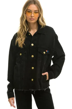 Denim | Denim | Aviator Nation RAINBOW BOLT OVERSIZED CROP DENIM JACKET - VINTAGE BLACK VINTAGEBLACK