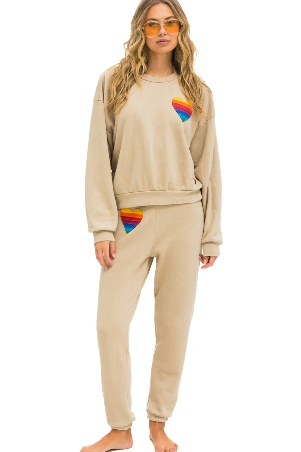 Sweatshirts | Sweatshirts | Aviator Nation RAINBOW HEART STITCH RELAXED CREW SWEATSHIRT - SAND