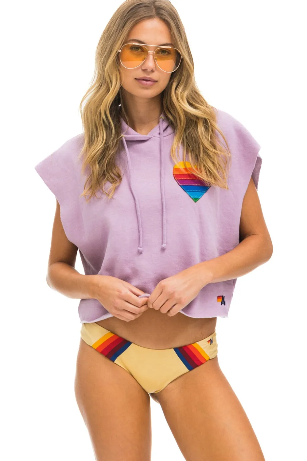 Hoodies | Aviator Nation RAINBOW HEART STITCH SLEEVELESS RELAXED CROPPED PULLOVER HOODIE - MAUVE