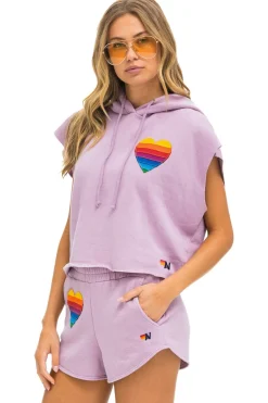 Hoodies | Aviator Nation RAINBOW HEART STITCH SLEEVELESS RELAXED CROPPED PULLOVER HOODIE - MAUVE