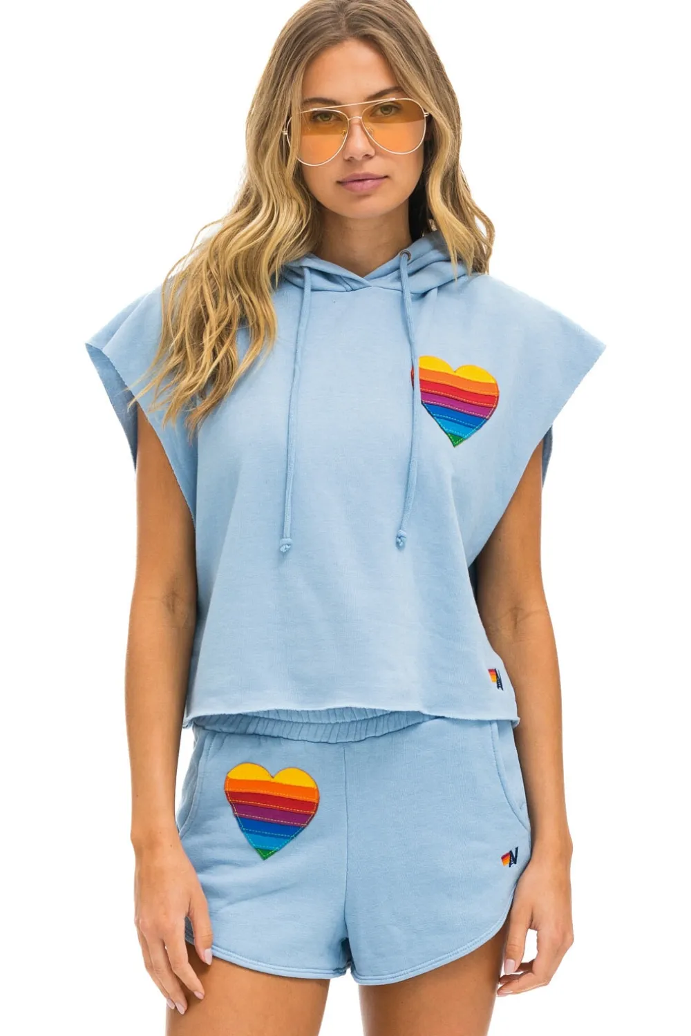 Hoodies | Aviator Nation RAINBOW HEART STITCH SLEEVELESS RELAXED CROPPED PULLOVER HOODIE - ICE
