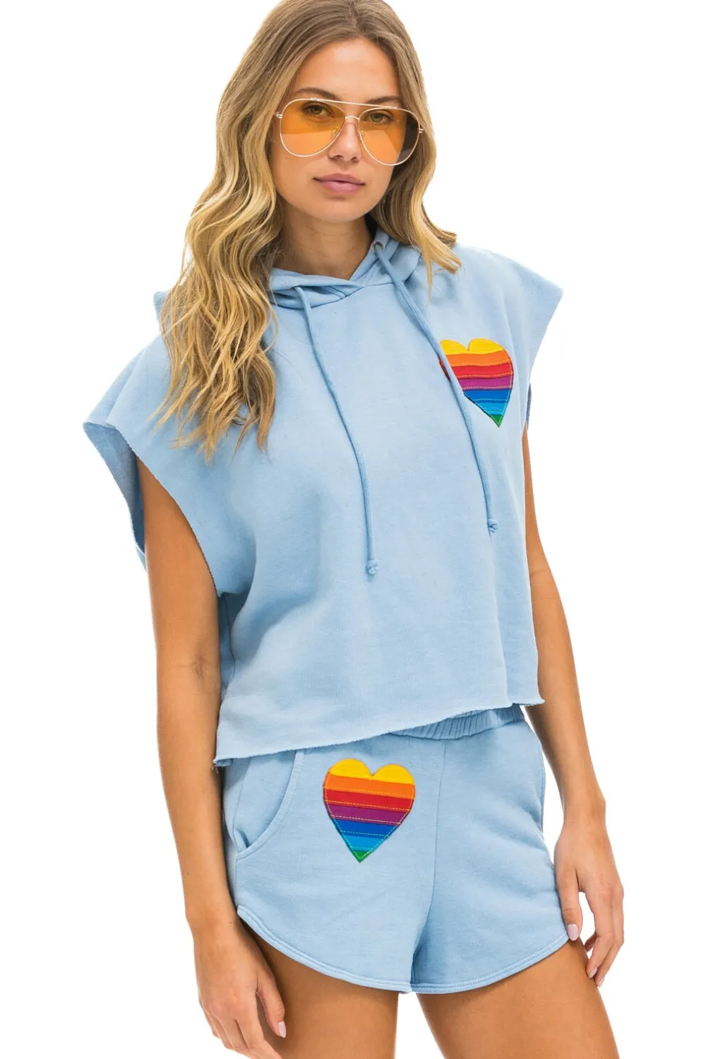 Hoodies | Aviator Nation RAINBOW HEART STITCH SLEEVELESS RELAXED CROPPED PULLOVER HOODIE - ICE