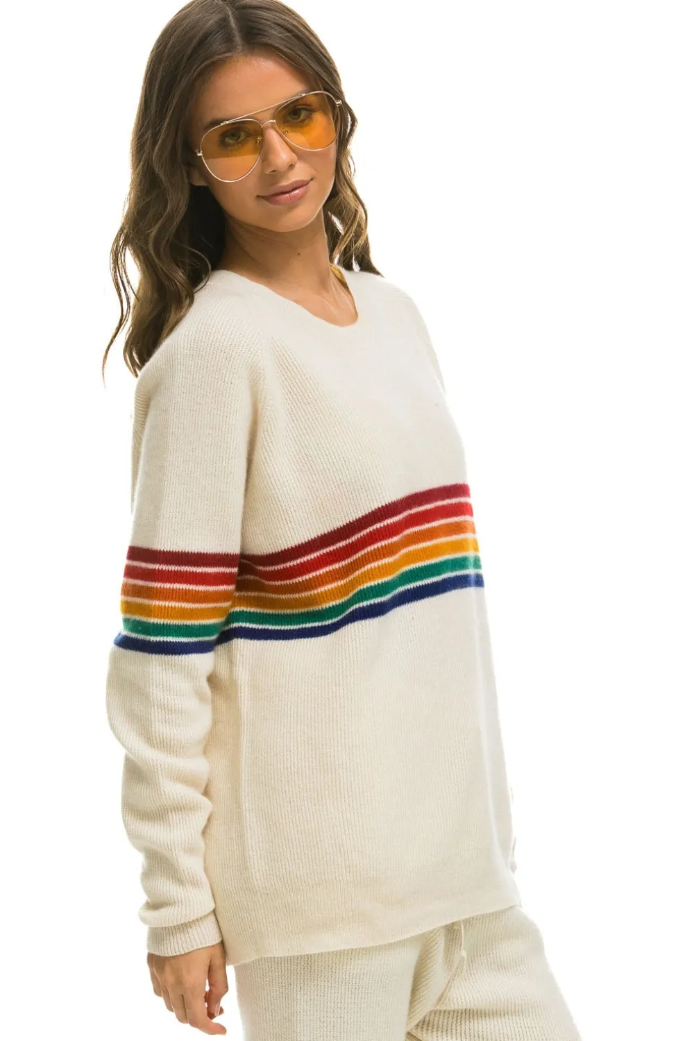 Sweatshirts | Aviator Nation RAINBOW STRIPE 6 UNISEX CASHMERE SWEATER- VINTAGE WHITE VINTAGEWHITESweatshirtAviatorNation