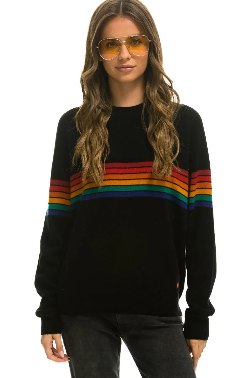 Sweatshirts | Aviator Nation RAINBOW STRIPE 6 UNISEX LIGHT CASHMERE SWEATER - BLACK