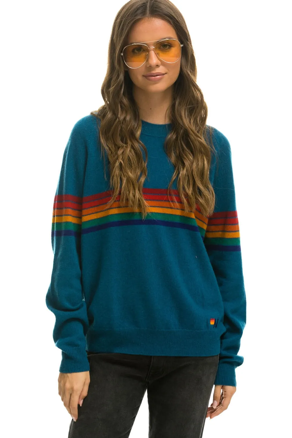 Sweatshirts | Aviator Nation RAINBOW STRIPE 6 UNISEX LIGHT CASHMERE SWEATER - PEACOCK