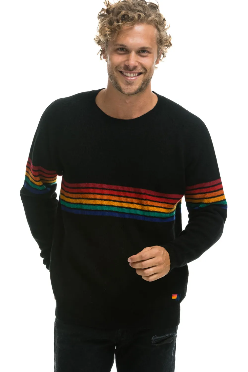 Sweatshirts | Aviator Nation RAINBOW STRIPE 6 UNISEX LIGHT CASHMERE SWEATER - BLACK
