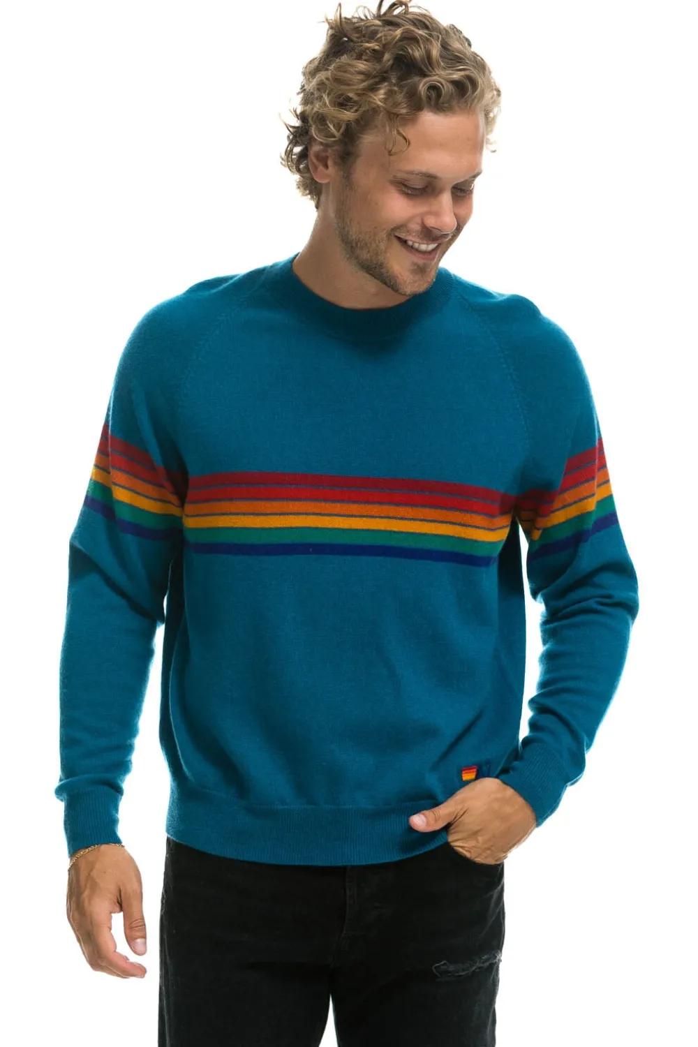 Sweatshirts | Aviator Nation RAINBOW STRIPE 6 UNISEX LIGHT CASHMERE SWEATER - PEACOCK