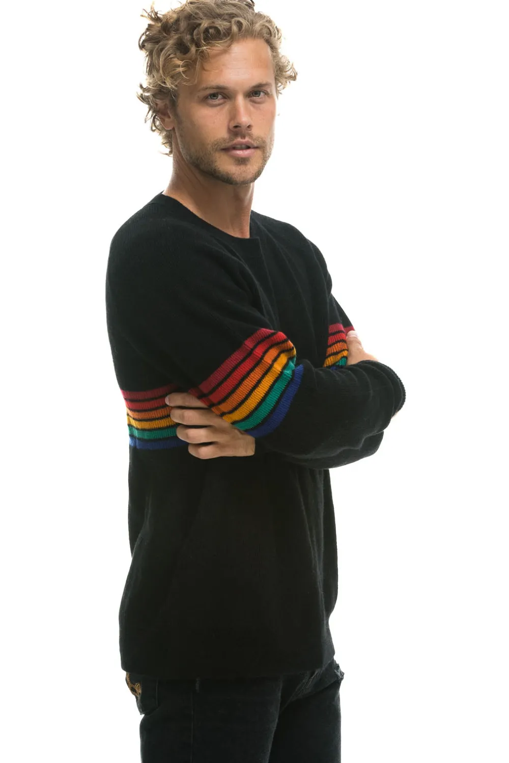Sweatshirts | Aviator Nation RAINBOW STRIPE 6 UNISEX LIGHT CASHMERE SWEATER - BLACK