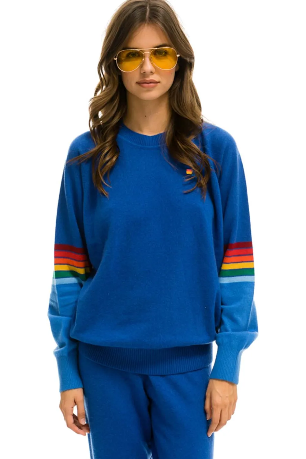 Sweatshirts | Aviator Nation RAINBOW STRIPE SLEEVE UNISEX CASHMERE LIGHT SWEATER - VINTAGE BLUE VINTAGEBLUE