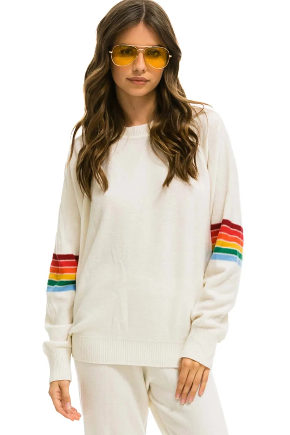 Sweatshirts | Aviator Nation RAINBOW STRIPE SLEEVE UNISEX CASHMERE LIGHT SWEATER - VINTAGE WHITE VINTAGEWHITE