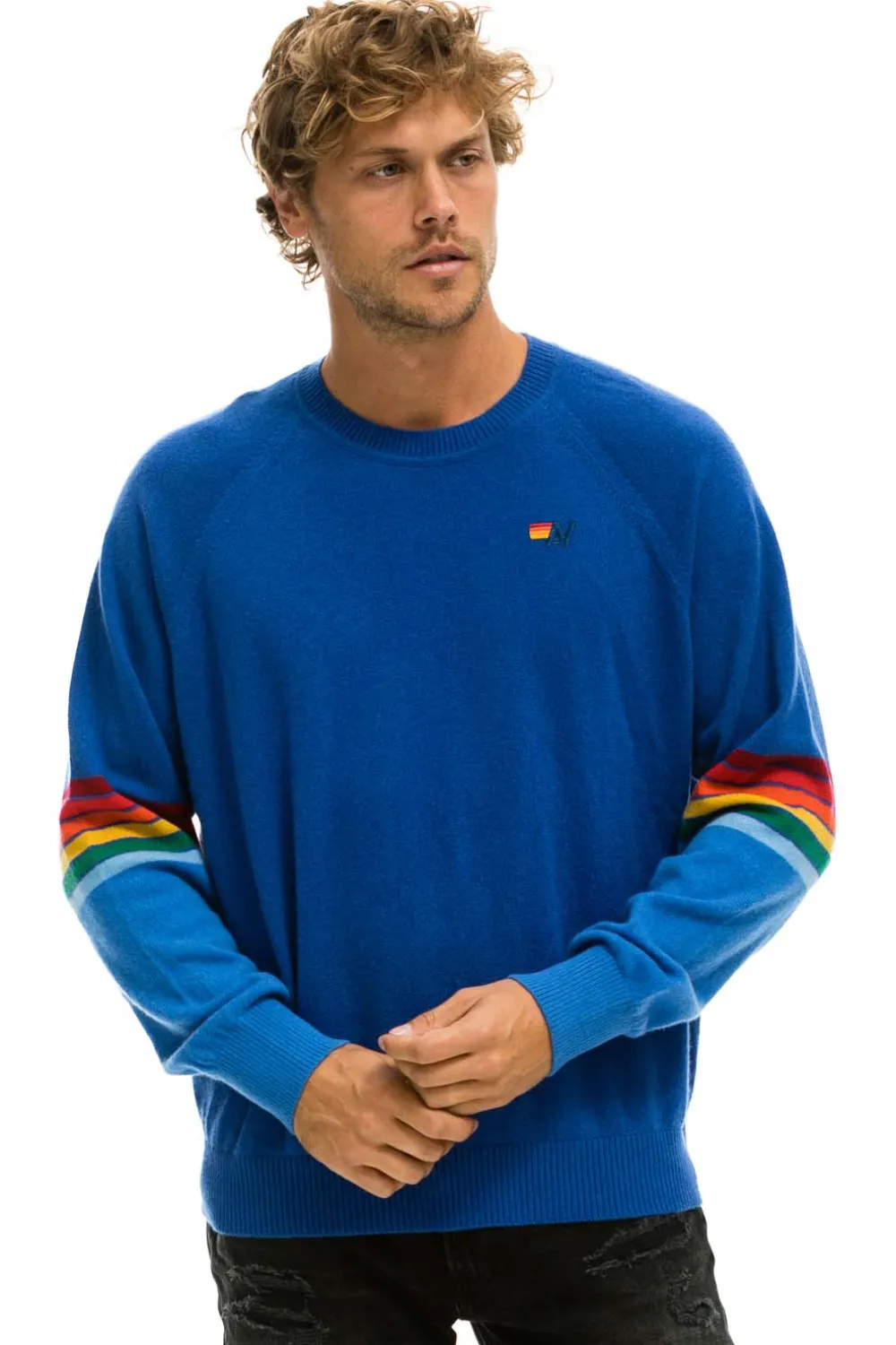Sweatshirts | Aviator Nation RAINBOW STRIPE SLEEVE UNISEX CASHMERE LIGHT SWEATER - VINTAGE BLUE VINTAGEBLUE