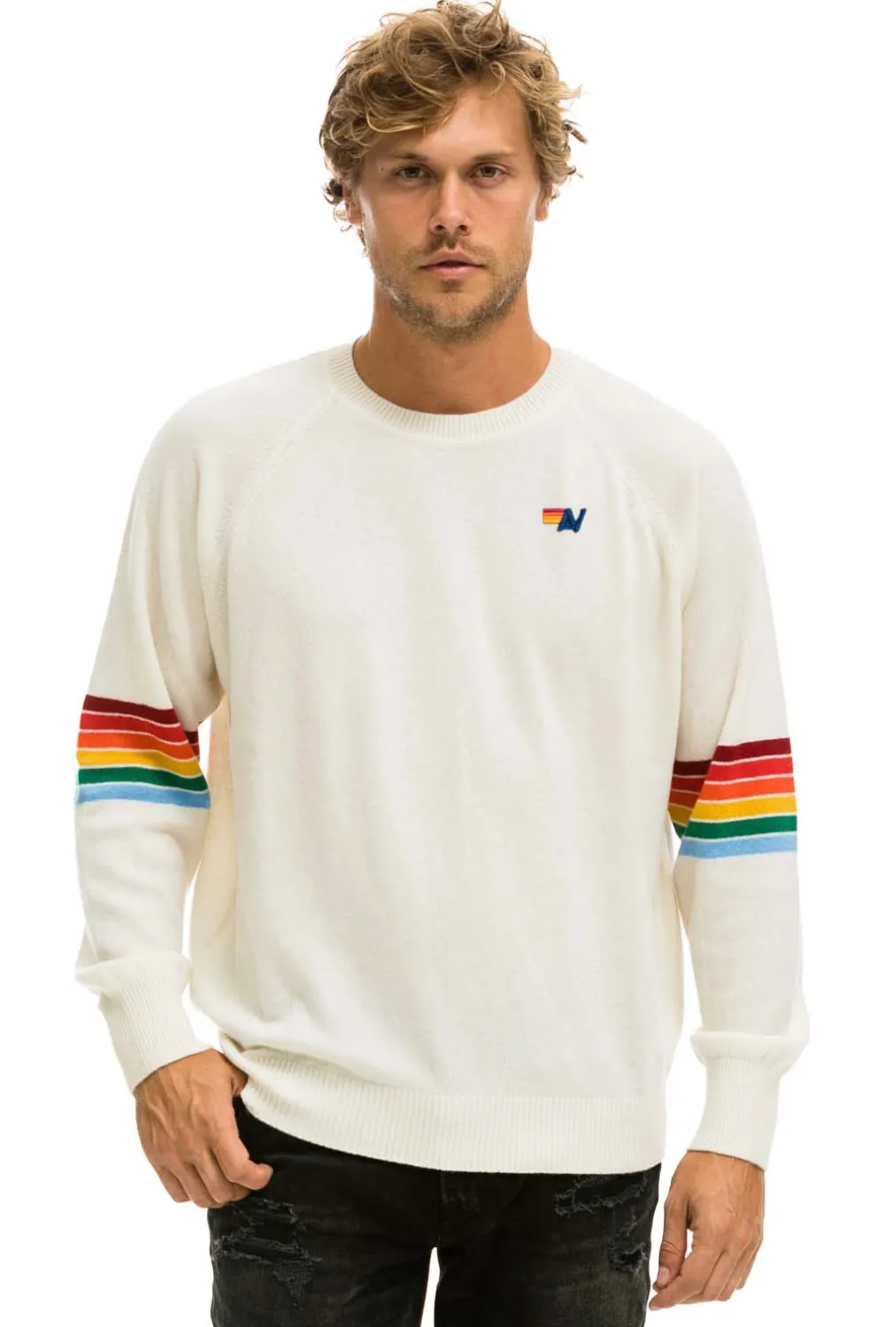 Sweatshirts | Aviator Nation RAINBOW STRIPE SLEEVE UNISEX CASHMERE LIGHT SWEATER - VINTAGE WHITE VINTAGEWHITE