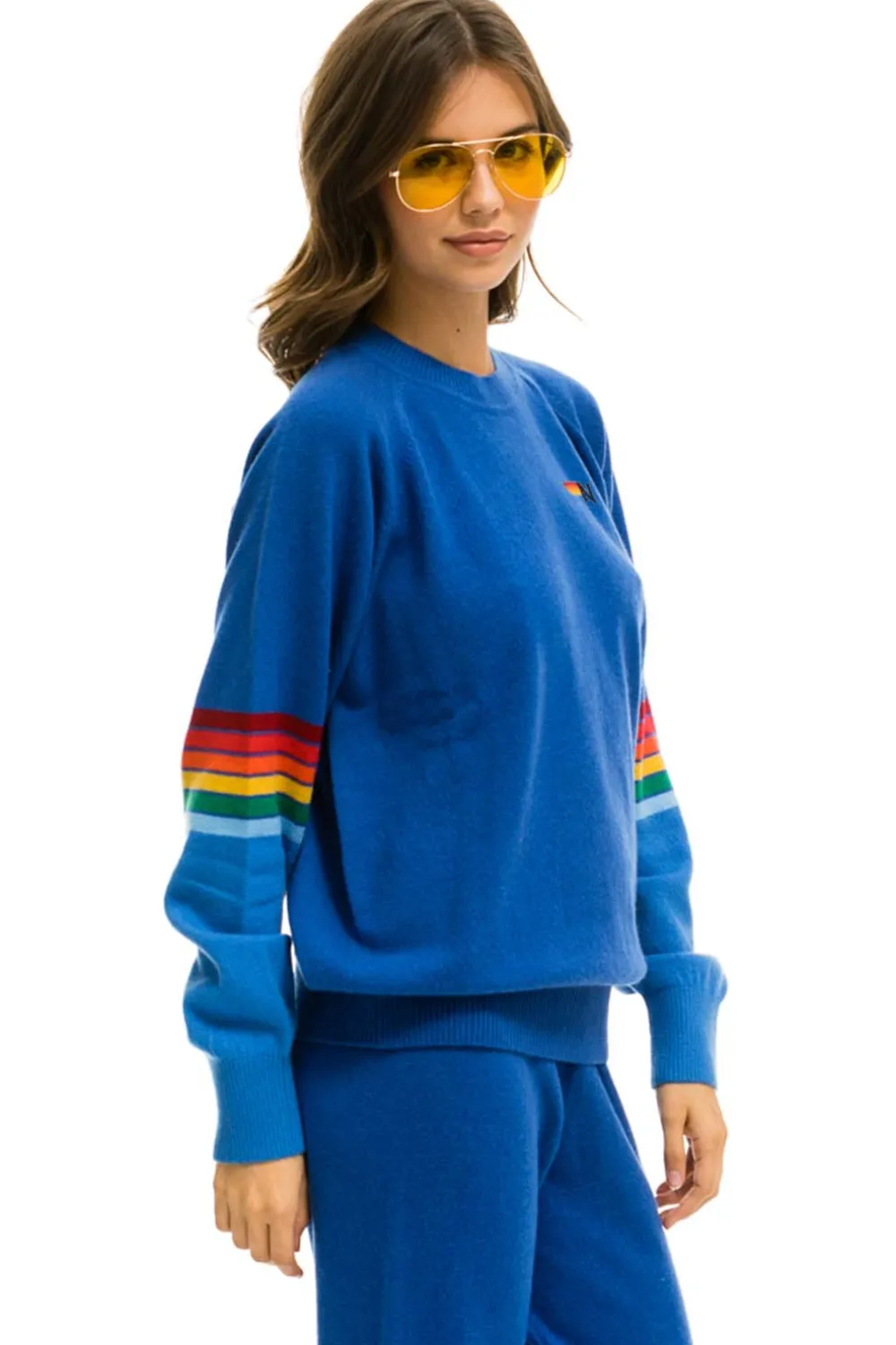 Sweatshirts | Aviator Nation RAINBOW STRIPE SLEEVE UNISEX CASHMERE LIGHT SWEATER - VINTAGE BLUE VINTAGEBLUE
