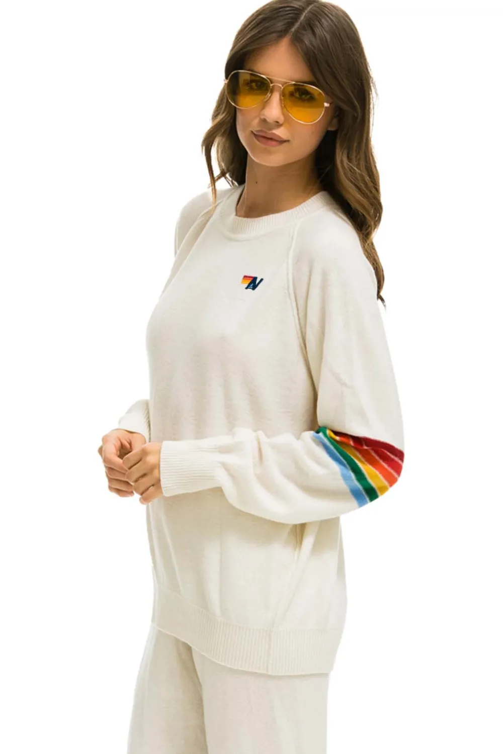 Sweatshirts | Aviator Nation RAINBOW STRIPE SLEEVE UNISEX CASHMERE LIGHT SWEATER - VINTAGE WHITE VINTAGEWHITE
