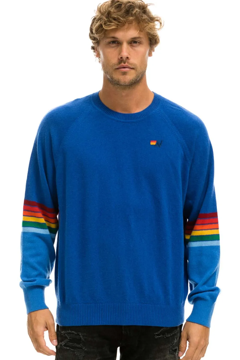 Sweatshirts | Aviator Nation RAINBOW STRIPE SLEEVE UNISEX CASHMERE LIGHT SWEATER - VINTAGE BLUE VINTAGEBLUE