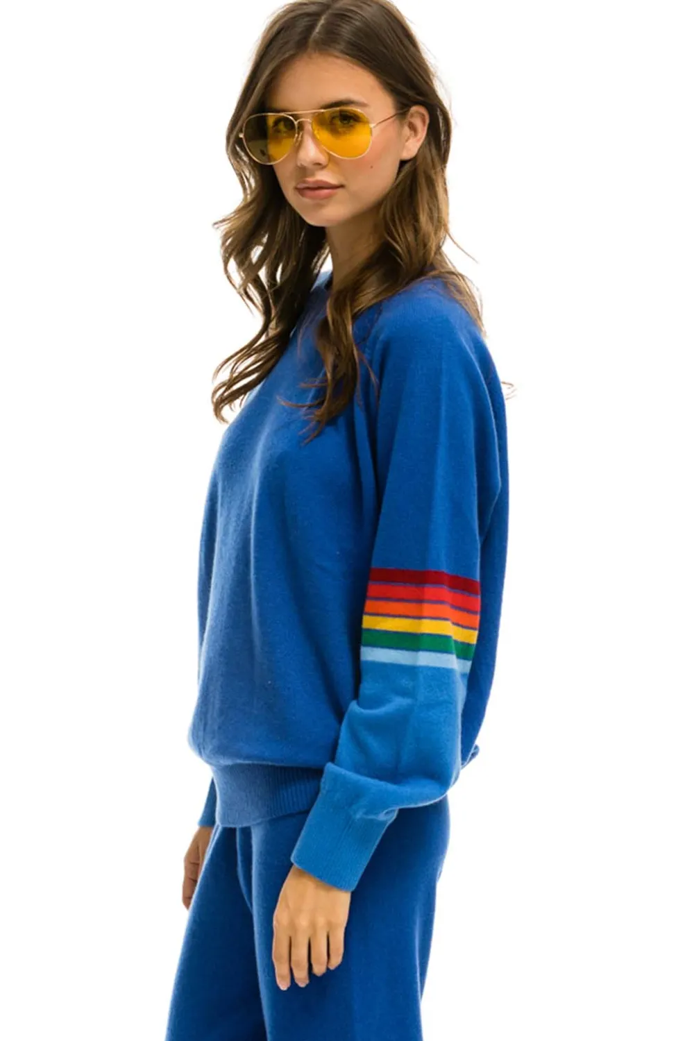 Sweatshirts | Aviator Nation RAINBOW STRIPE SLEEVE UNISEX CASHMERE LIGHT SWEATER - VINTAGE BLUE VINTAGEBLUE