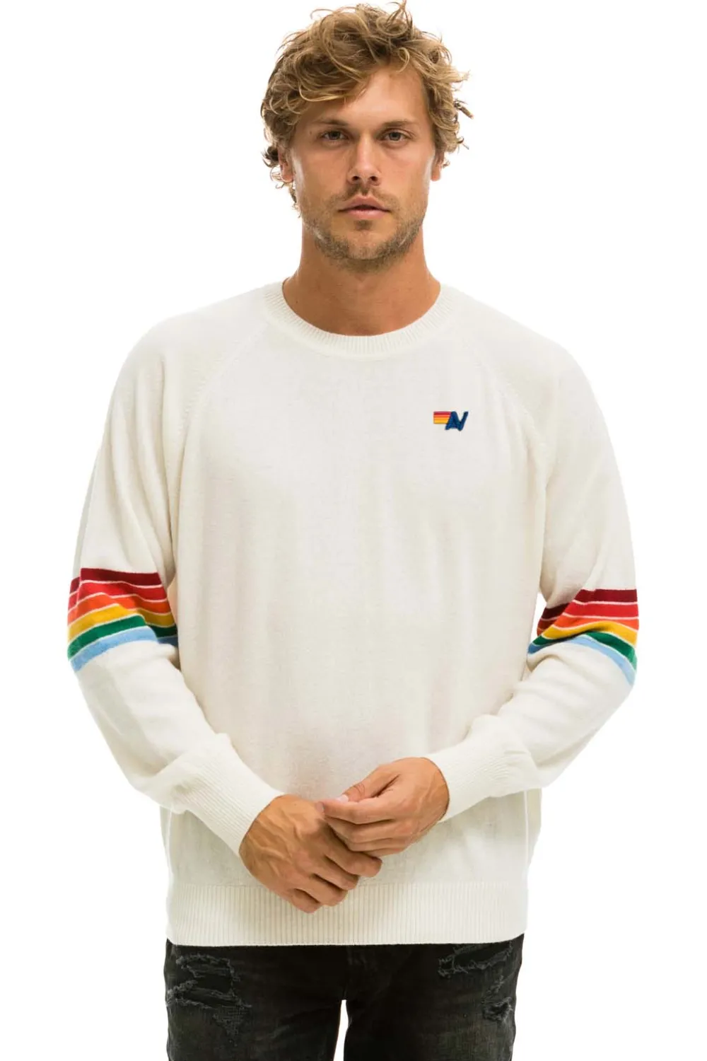 Sweatshirts | Aviator Nation RAINBOW STRIPE SLEEVE UNISEX CASHMERE LIGHT SWEATER - VINTAGE WHITE VINTAGEWHITE