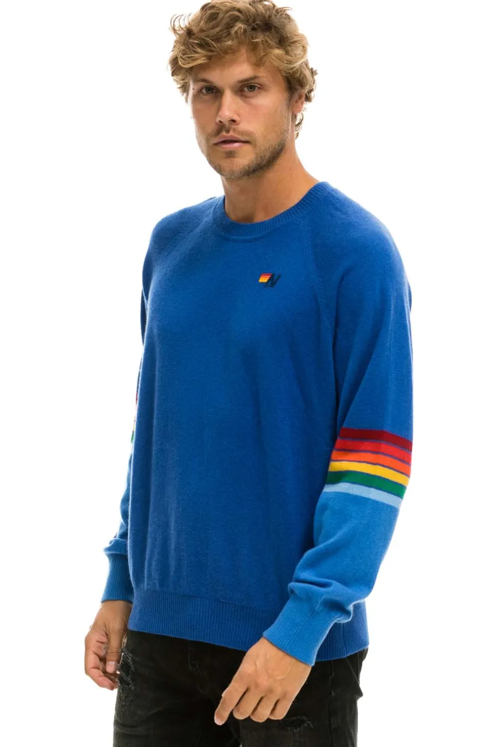 Sweatshirts | Aviator Nation RAINBOW STRIPE SLEEVE UNISEX CASHMERE LIGHT SWEATER - VINTAGE BLUE VINTAGEBLUE