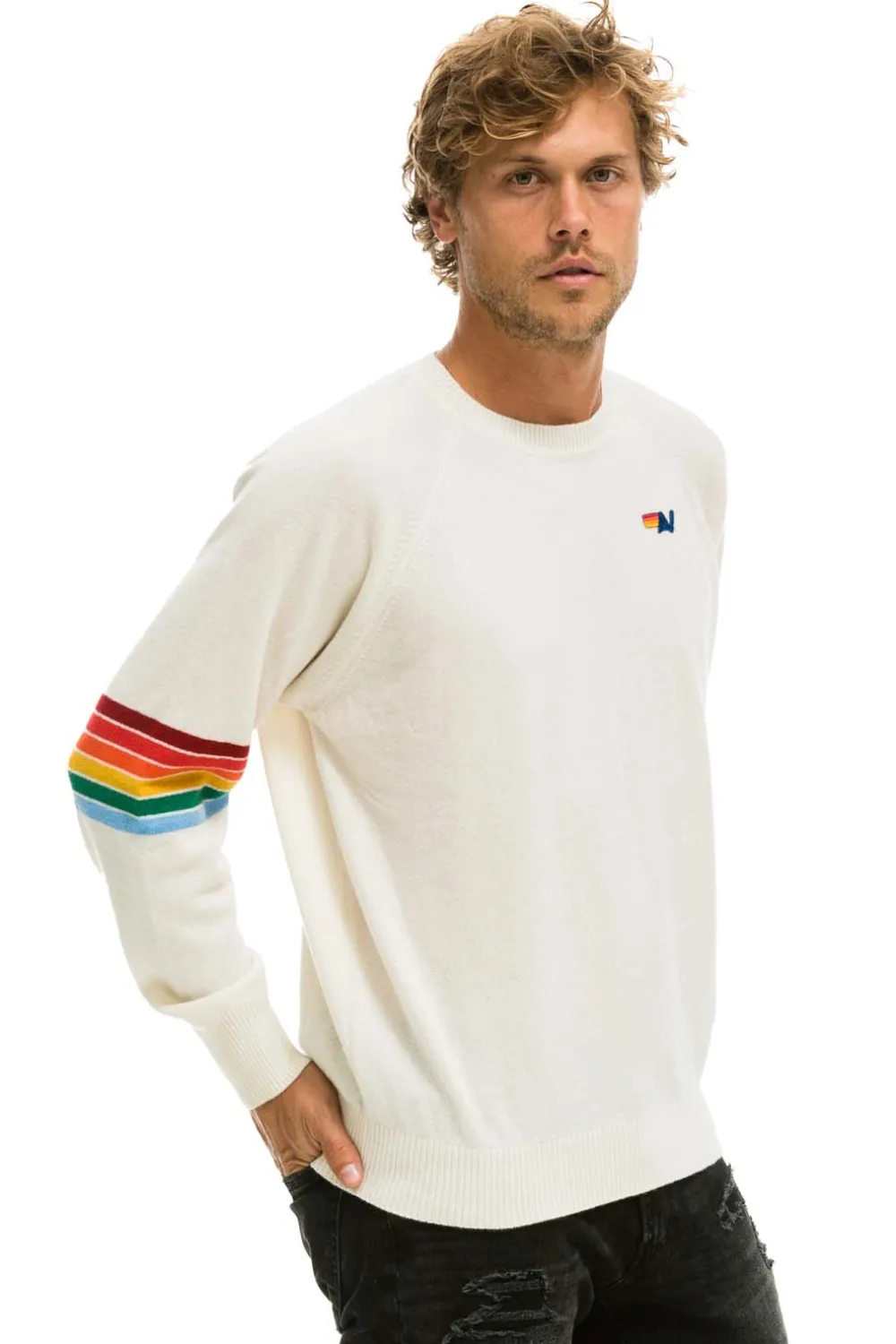 Sweatshirts | Aviator Nation RAINBOW STRIPE SLEEVE UNISEX CASHMERE LIGHT SWEATER - VINTAGE WHITE VINTAGEWHITE