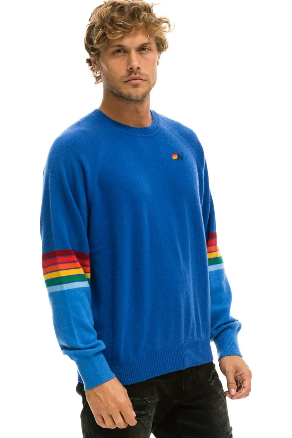Sweatshirts | Aviator Nation RAINBOW STRIPE SLEEVE UNISEX CASHMERE LIGHT SWEATER - VINTAGE BLUE VINTAGEBLUE