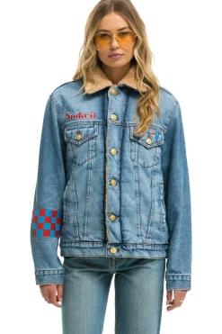 Denim | Denim | Aviator Nation SMALL STOKED BOLT SMILEY RANCH SHERPA DENIM JACKET - SUPER LIGHT SUPERLIGHT