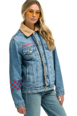 Denim | Denim | Aviator Nation SMALL STOKED BOLT SMILEY RANCH SHERPA DENIM JACKET - SUPER LIGHT SUPERLIGHT
