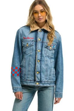 Denim | Denim | Aviator Nation SMALL STOKED BOLT SMILEY RANCH SHERPA DENIM JACKET - SUPER LIGHT SUPERLIGHT