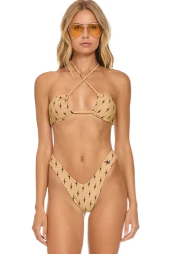 Swim Tops | Aviator Nation SPARKLE ST TROPEZ BANDEAU HALTER BIKINI TOP - BLACK BOLT REPEAT BLACKBOLTREPEAT