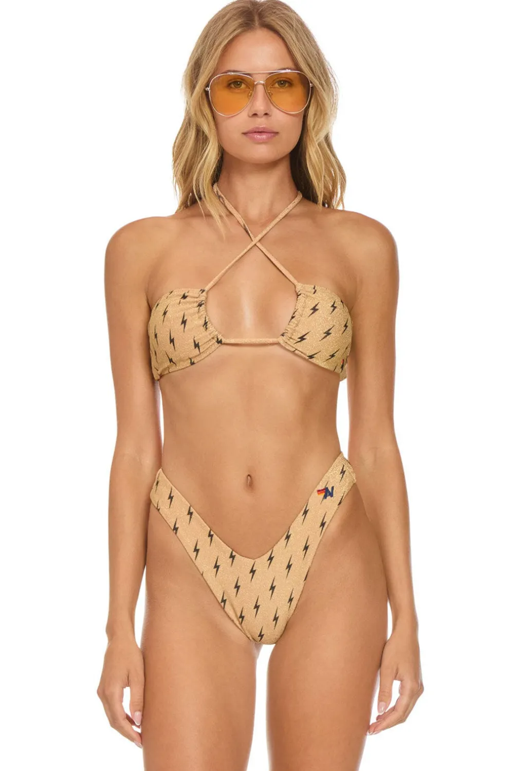 Swim Bottoms | Aviator Nation SPARKLE ST TROPEZ SCRUNCH CHEEKY BIKINI BOTTOMS - BLACK BOLT REPEAT BLACKBOLTREPEAT