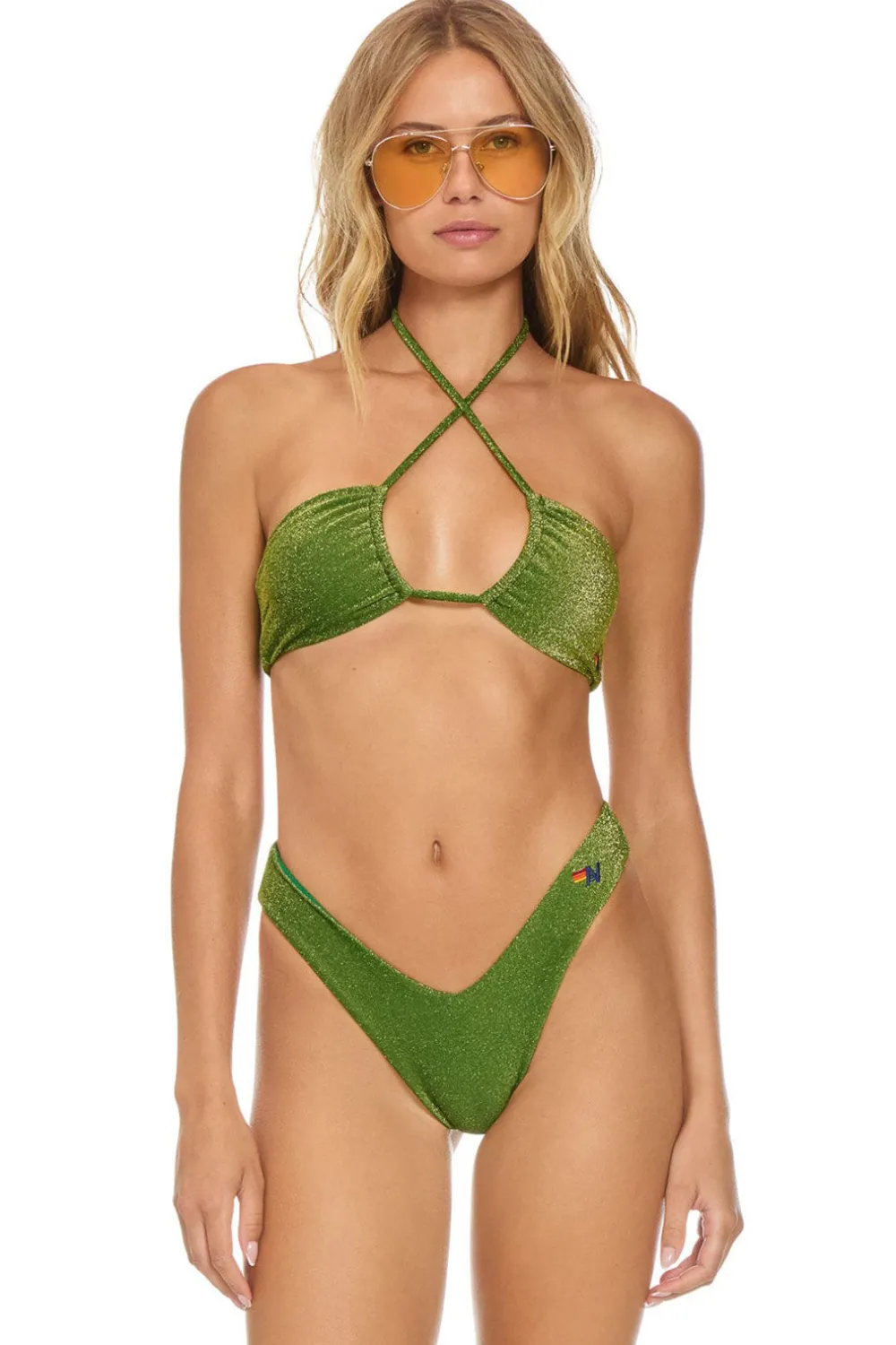 Swim Bottoms | Aviator Nation SPARKLE ST TROPEZ SCRUNCH CHEEKY BIKINI BOTTOMS - ARMY