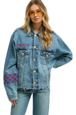 Denim | Denim | Aviator Nation STOKED BOLT SMILEY OVERSIZED CUTOFF DENIM JACKET - VINTAGE