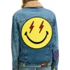 Denim | Denim | Aviator Nation STOKED BOLT SMILEY RANCH SHERPA DENIM JACKET- SUPER LIGHT 32%organiccotton-2%lycra-HandmadeinLAwithimportedmaterials-MalemodelwearingsizeL.FemalemodelwearingsizeXS.