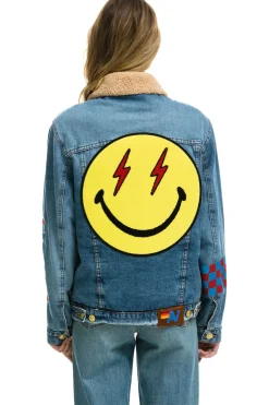 Denim | Denim | Aviator Nation STOKED BOLT SMILEY RANCH SHERPA DENIM JACKET- SUPER LIGHT 32%organiccotton-2%lycra-HandmadeinLAwithimportedmaterials-MalemodelwearingsizeL.FemalemodelwearingsizeXS.