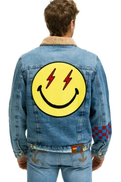 Denim | Denim | Aviator Nation STOKED BOLT SMILEY RANCH SHERPA DENIM JACKET- SUPER LIGHT 32%organiccotton-2%lycra-HandmadeinLAwithimportedmaterials-MalemodelwearingsizeL.FemalemodelwearingsizeXS.