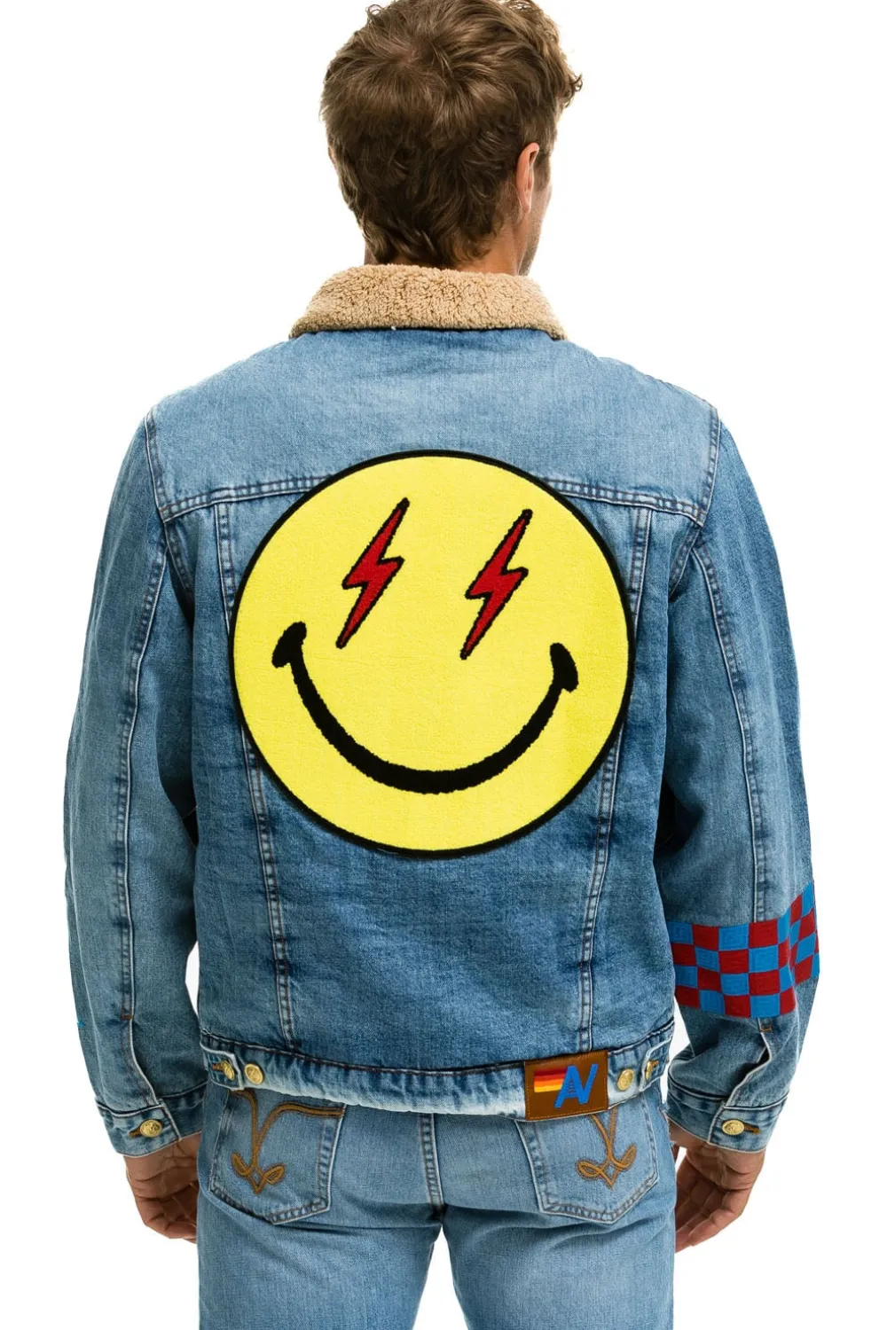 Denim | Denim | Aviator Nation STOKED BOLT SMILEY RANCH SHERPA DENIM JACKET- SUPER LIGHT 32%organiccotton-2%lycra-HandmadeinLAwithimportedmaterials-MalemodelwearingsizeL.FemalemodelwearingsizeXS.