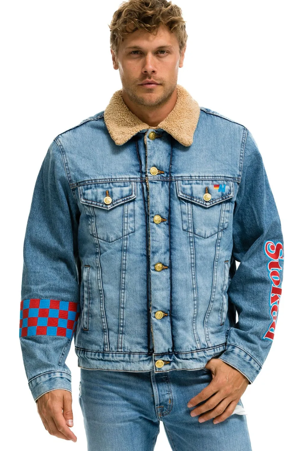 Denim | Denim | Aviator Nation STOKED BOLT SMILEY RANCH SHERPA DENIM JACKET- SUPER LIGHT 32%organiccotton-2%lycra-HandmadeinLAwithimportedmaterials-MalemodelwearingsizeL.FemalemodelwearingsizeXS.