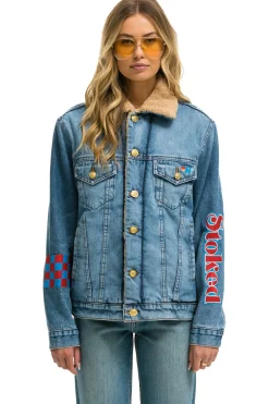 Denim | Denim | Aviator Nation STOKED BOLT SMILEY RANCH SHERPA DENIM JACKET- SUPER LIGHT 32%organiccotton-2%lycra-HandmadeinLAwithimportedmaterials-MalemodelwearingsizeL.FemalemodelwearingsizeXS.