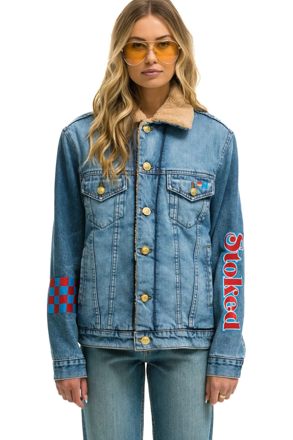 Denim | Denim | Aviator Nation STOKED BOLT SMILEY RANCH SHERPA DENIM JACKET- SUPER LIGHT 32%organiccotton-2%lycra-HandmadeinLAwithimportedmaterials-MalemodelwearingsizeL.FemalemodelwearingsizeXS.