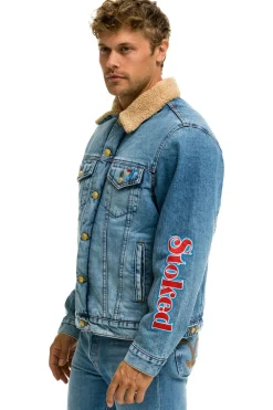 Denim | Denim | Aviator Nation STOKED BOLT SMILEY RANCH SHERPA DENIM JACKET- SUPER LIGHT 32%organiccotton-2%lycra-HandmadeinLAwithimportedmaterials-MalemodelwearingsizeL.FemalemodelwearingsizeXS.