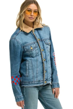 Denim | Denim | Aviator Nation STOKED BOLT SMILEY RANCH SHERPA DENIM JACKET- SUPER LIGHT 32%organiccotton-2%lycra-HandmadeinLAwithimportedmaterials-MalemodelwearingsizeL.FemalemodelwearingsizeXS.