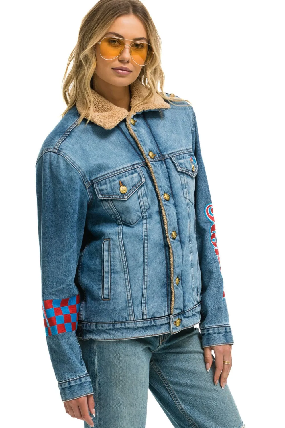 Denim | Denim | Aviator Nation STOKED BOLT SMILEY RANCH SHERPA DENIM JACKET- SUPER LIGHT 32%organiccotton-2%lycra-HandmadeinLAwithimportedmaterials-MalemodelwearingsizeL.FemalemodelwearingsizeXS.
